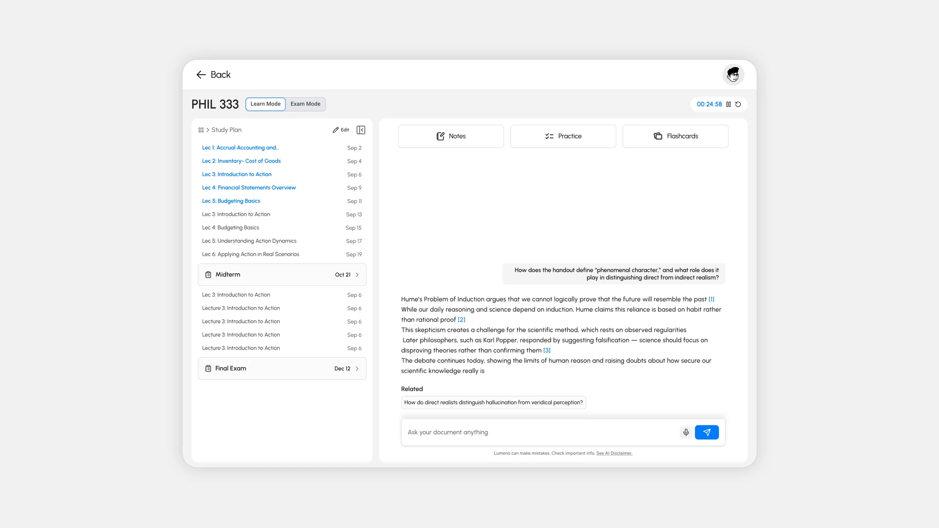 The Lumeno learning interface with a course study plan down the left side.